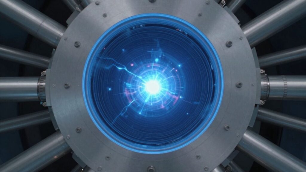 Futuristic fusion reactor with glowing blue plasma.