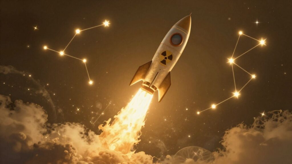 Rocket launch with nuclear symbols and starry constellation.