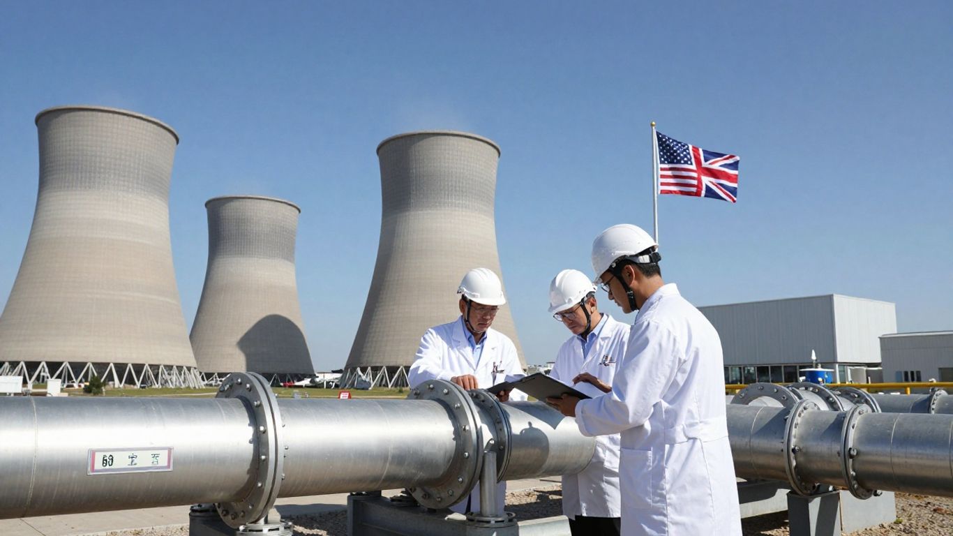 Engineers with nuclear reactors and UK-US flags background