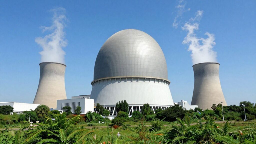 Advanced nuclear power plant with containment dome and cooling towers.