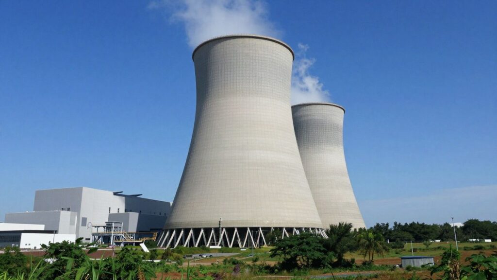 Advanced nuclear power plant with containment dome and cooling towers.