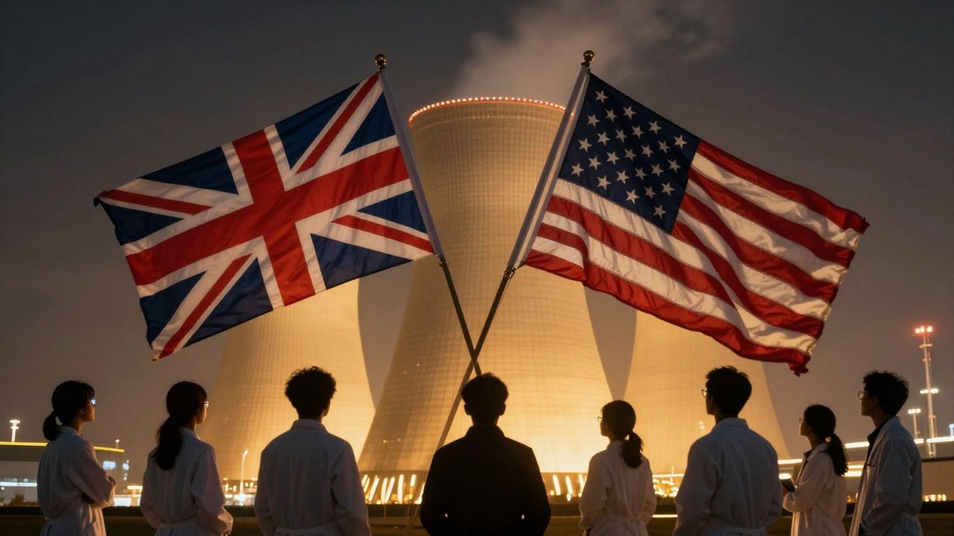 UK and US flags with nuclear power plant and scientists.