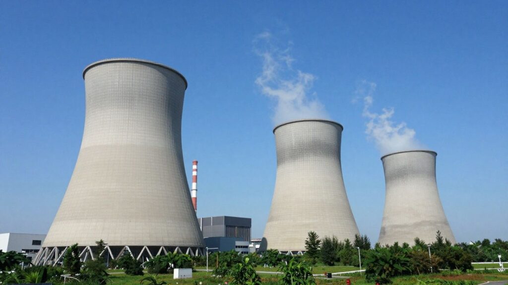 Advanced nuclear power plant with containment dome and cooling towers.