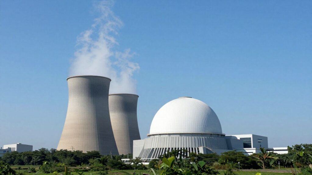 Advanced nuclear power plant with containment dome and cooling towers.