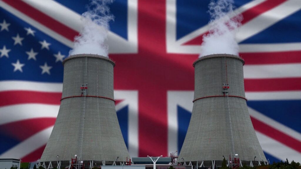 UK and US flags merge over nuclear reactors.