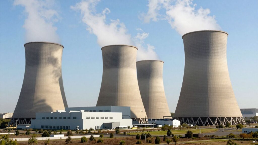 Nuclear power plant with steam rising, symbolizing energy future.