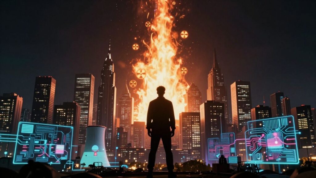 Nuclear energy symbols surge behind city skyline with AI circuits.