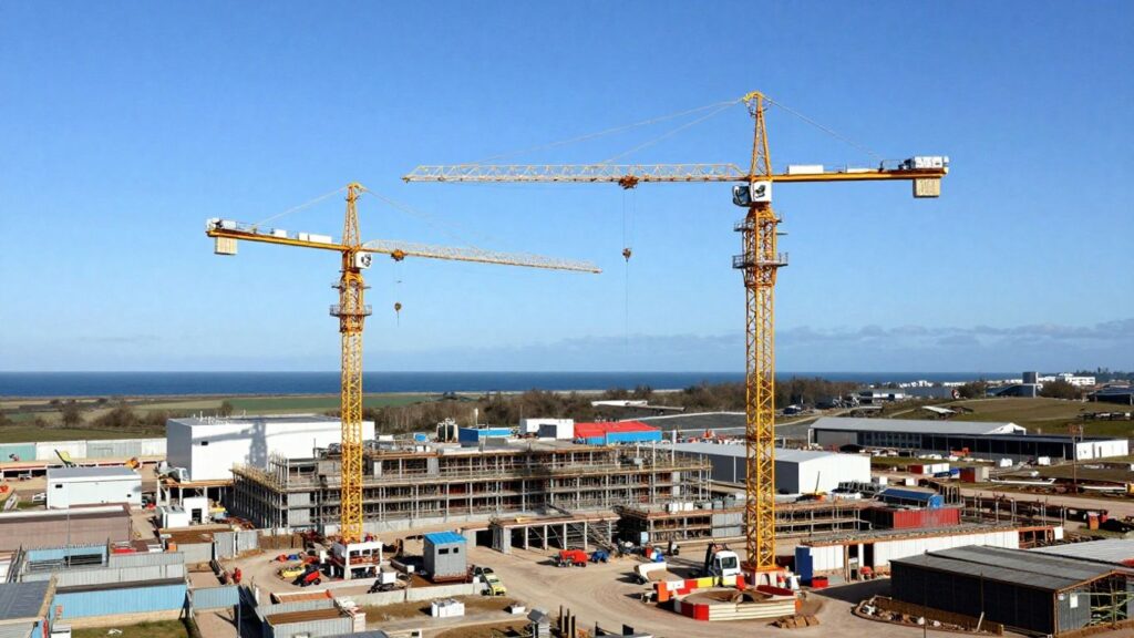 Sizewell C nuclear power plant construction site with cranes.