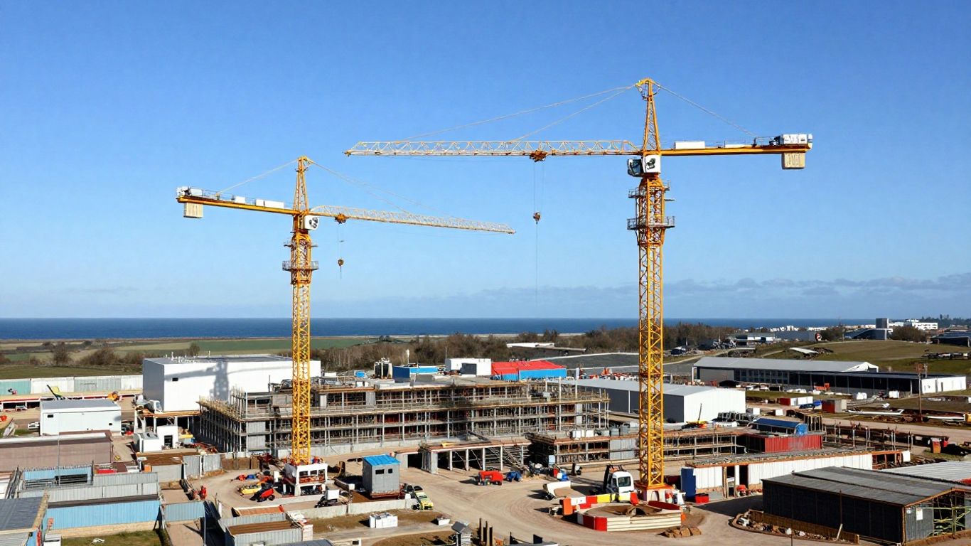Sizewell C nuclear power plant construction site with cranes.