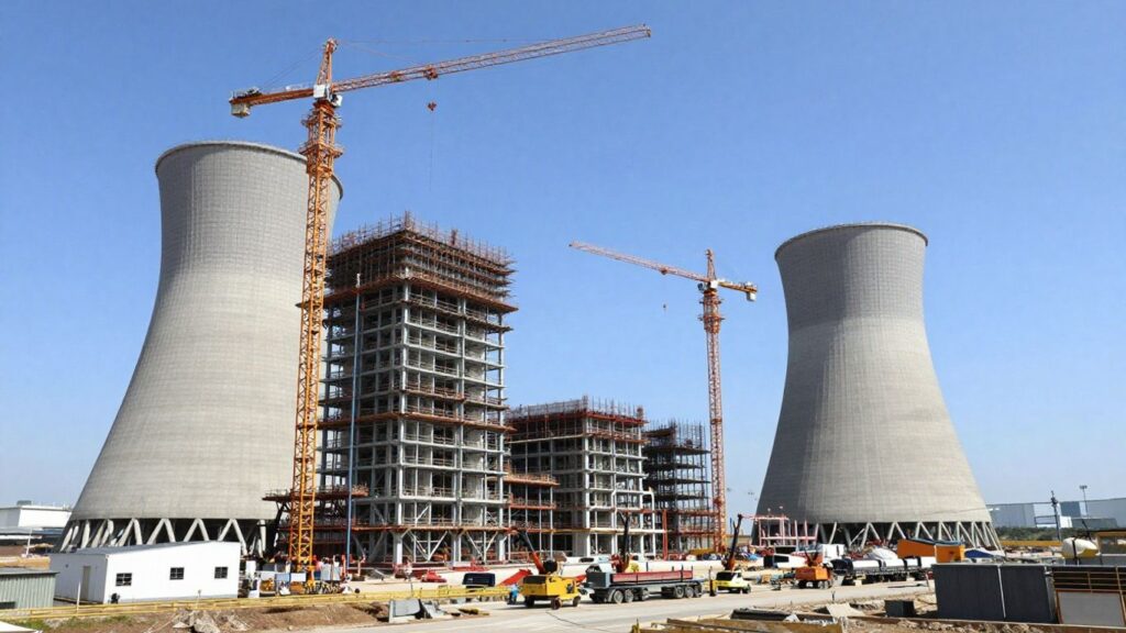 Sizewell C nuclear plant construction site with cranes.