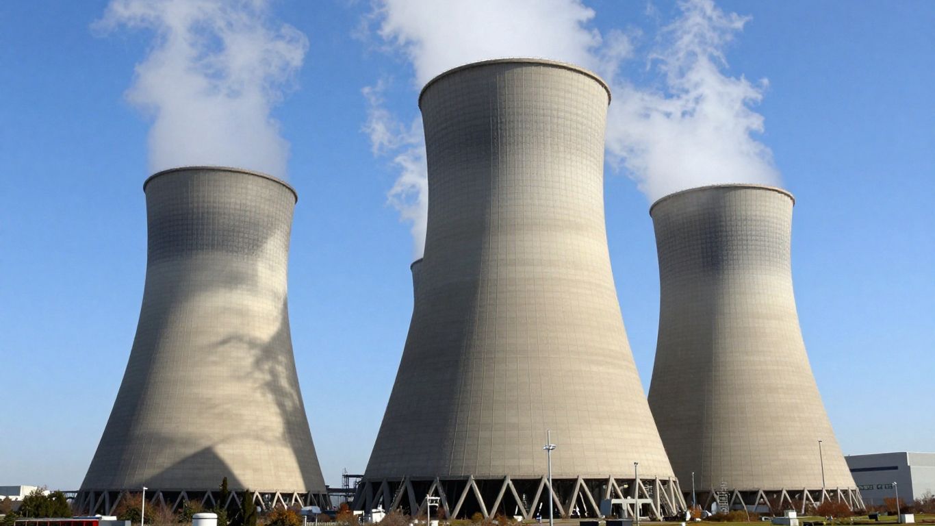Nuclear power plant with steam from cooling towers.