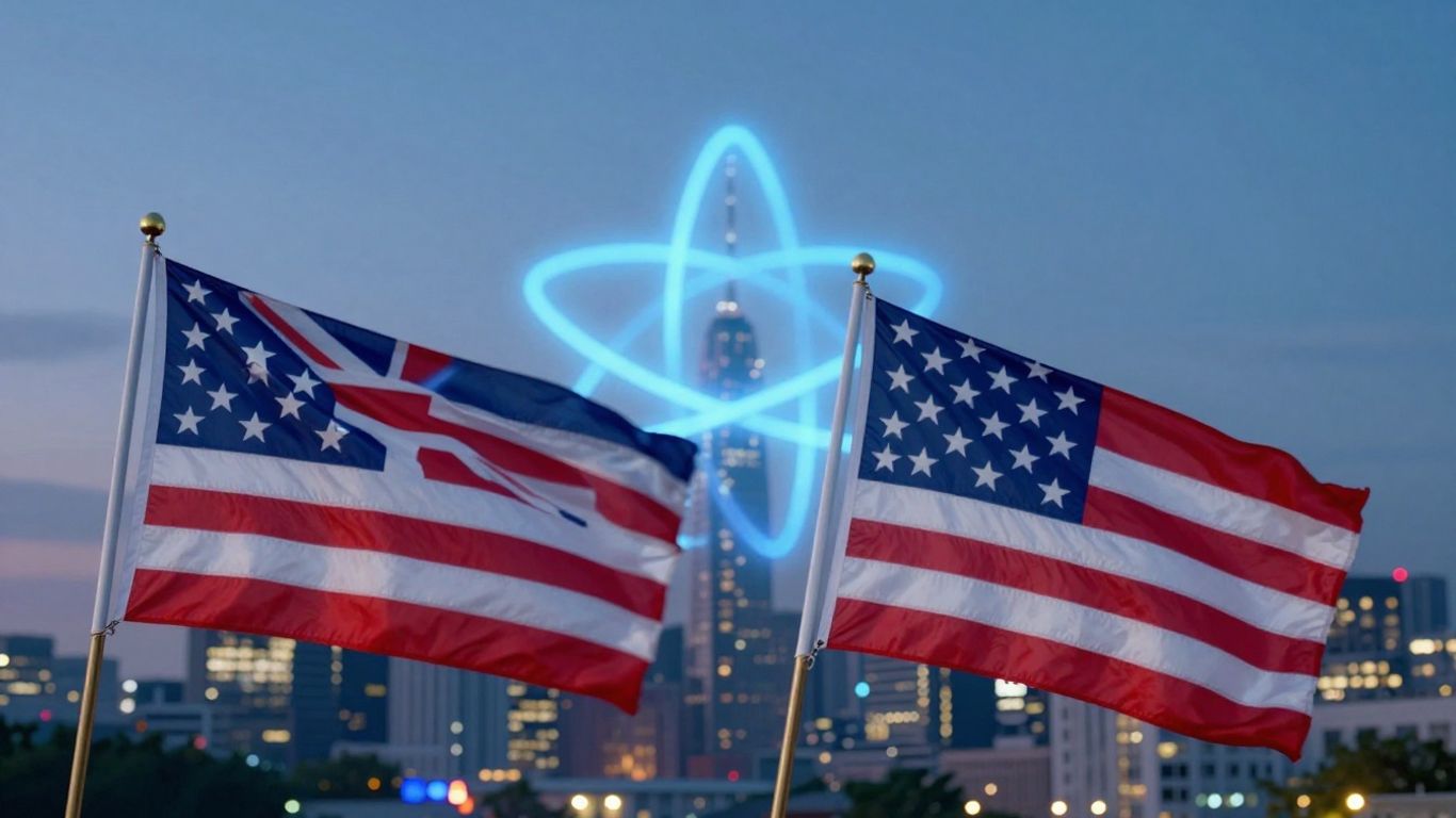 UK and US flags with atomic symbol and cityscape.