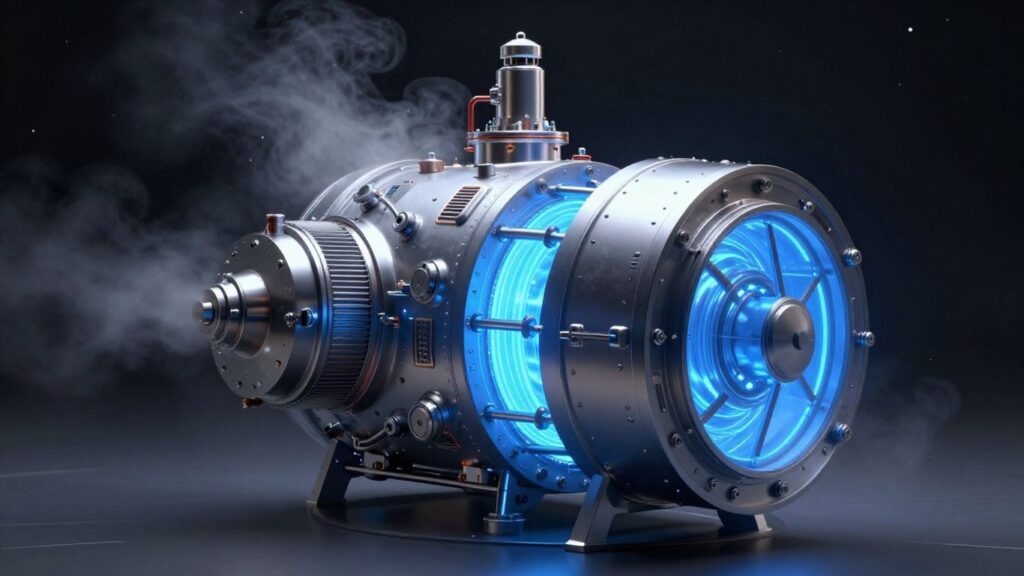 Futuristic small modular nuclear reactor design glowing blue.