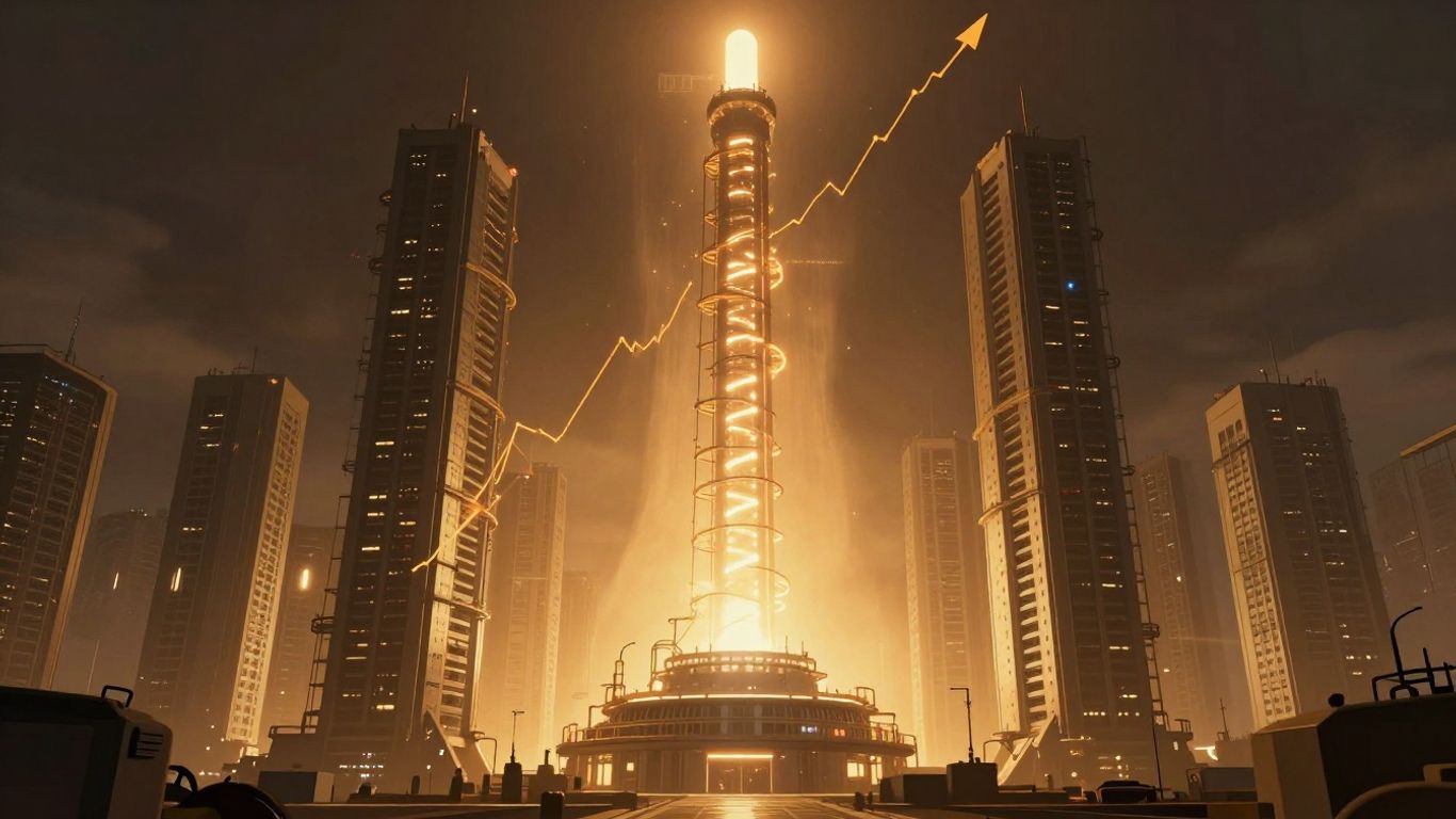 Stock chart rising near nuclear reactor and data centers.