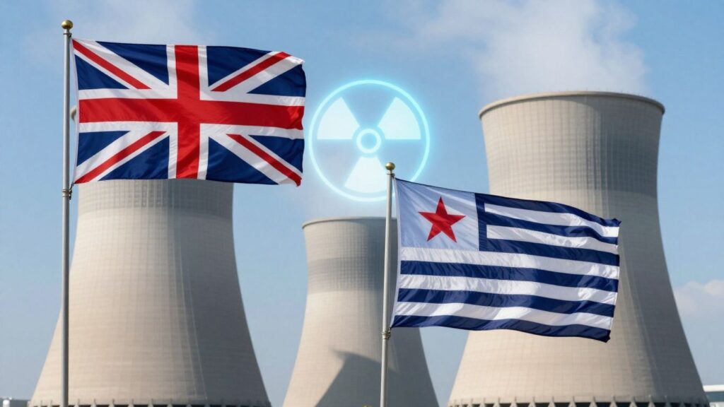 UK and US flags with nuclear symbol.