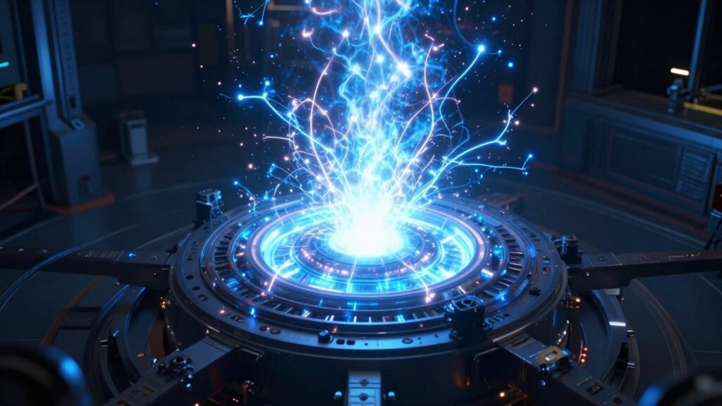 Fusion reactor core with glowing plasma and energy arcs.
