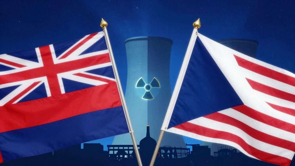 UK and US flags united with nuclear symbol.