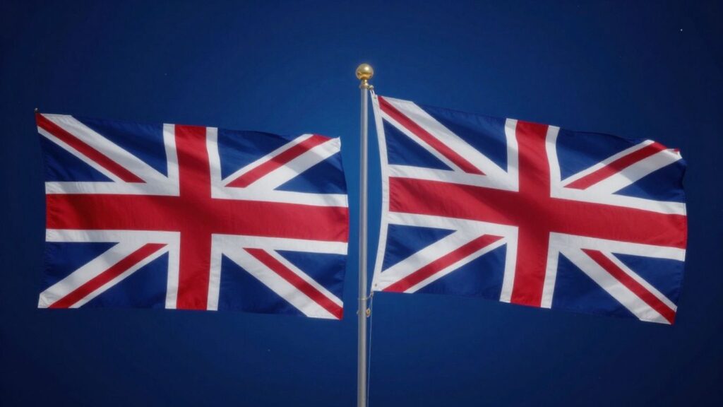 UK and US flags united, nuclear energy glow.