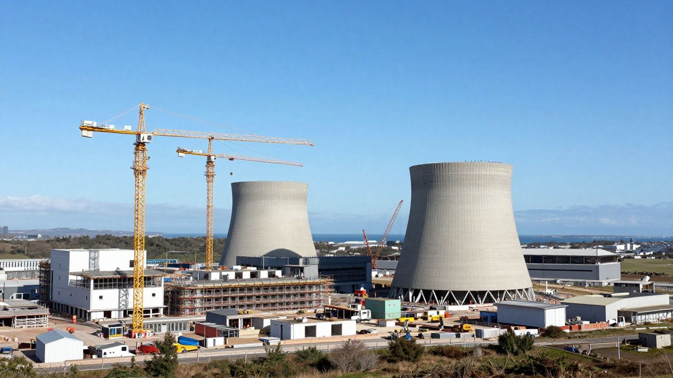 Sizewell C nuclear power plant construction site with cranes.