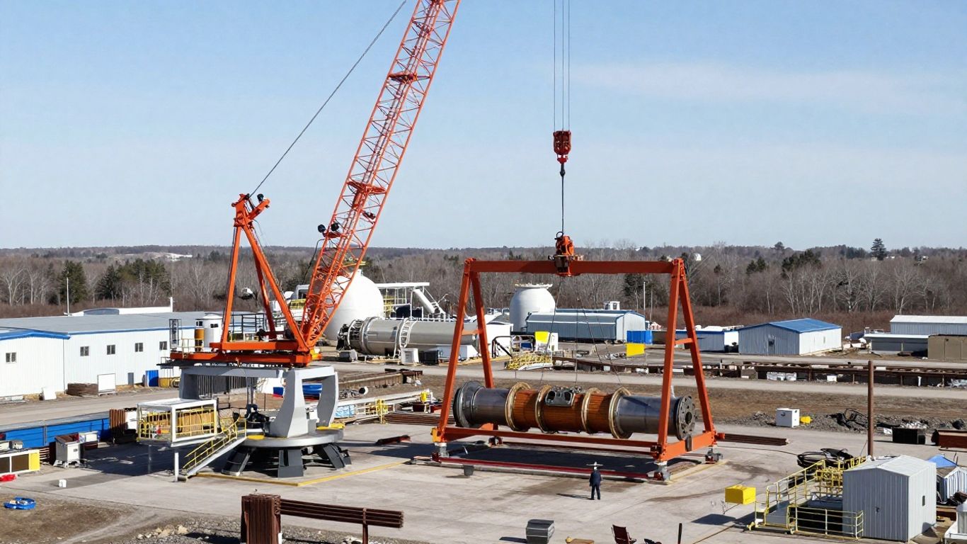 Ontario SMR construction site with cranes and reactor components.