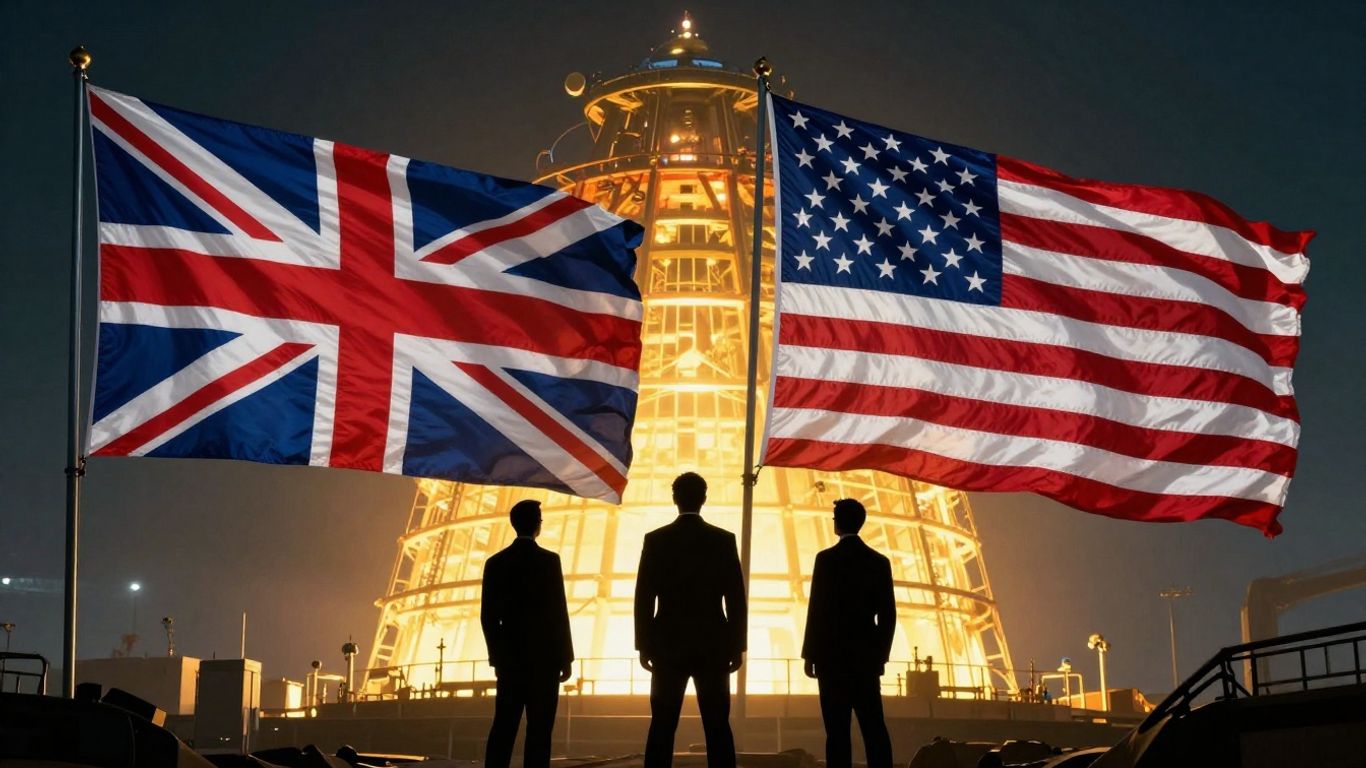 UK and US flags with nuclear reactor and leaders.