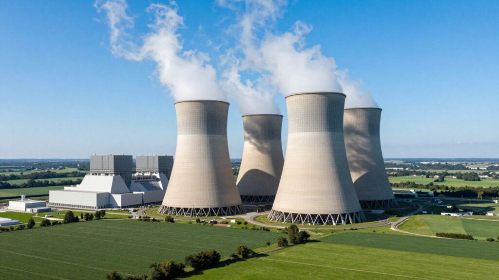 Sizewell C nuclear power plant under a blue sky.