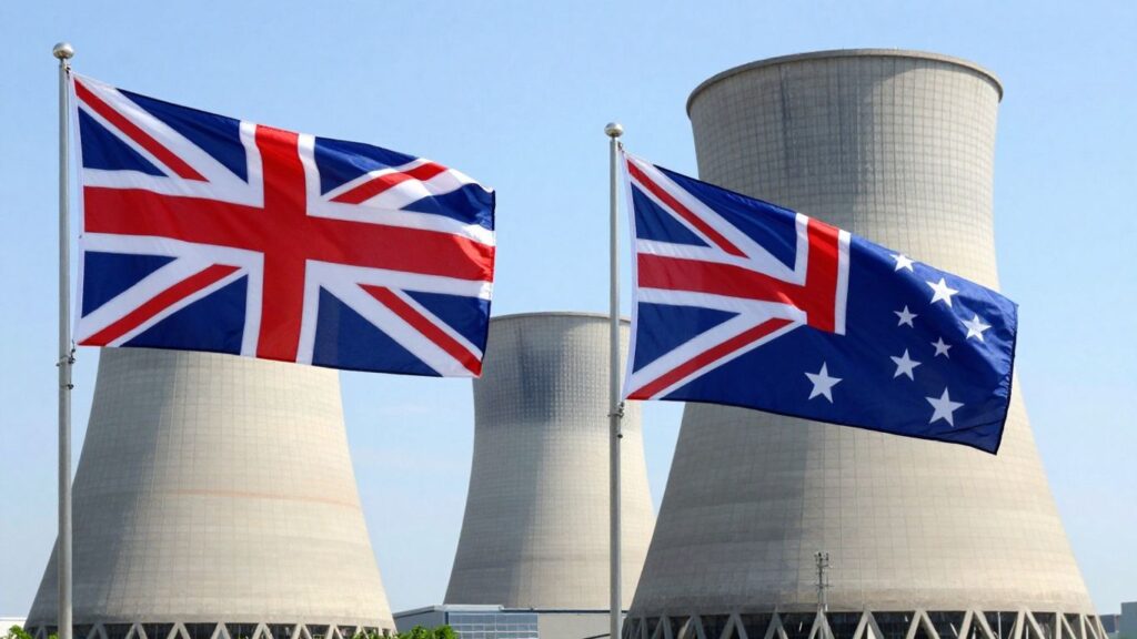 UK and US flags with nuclear power plant in background.
