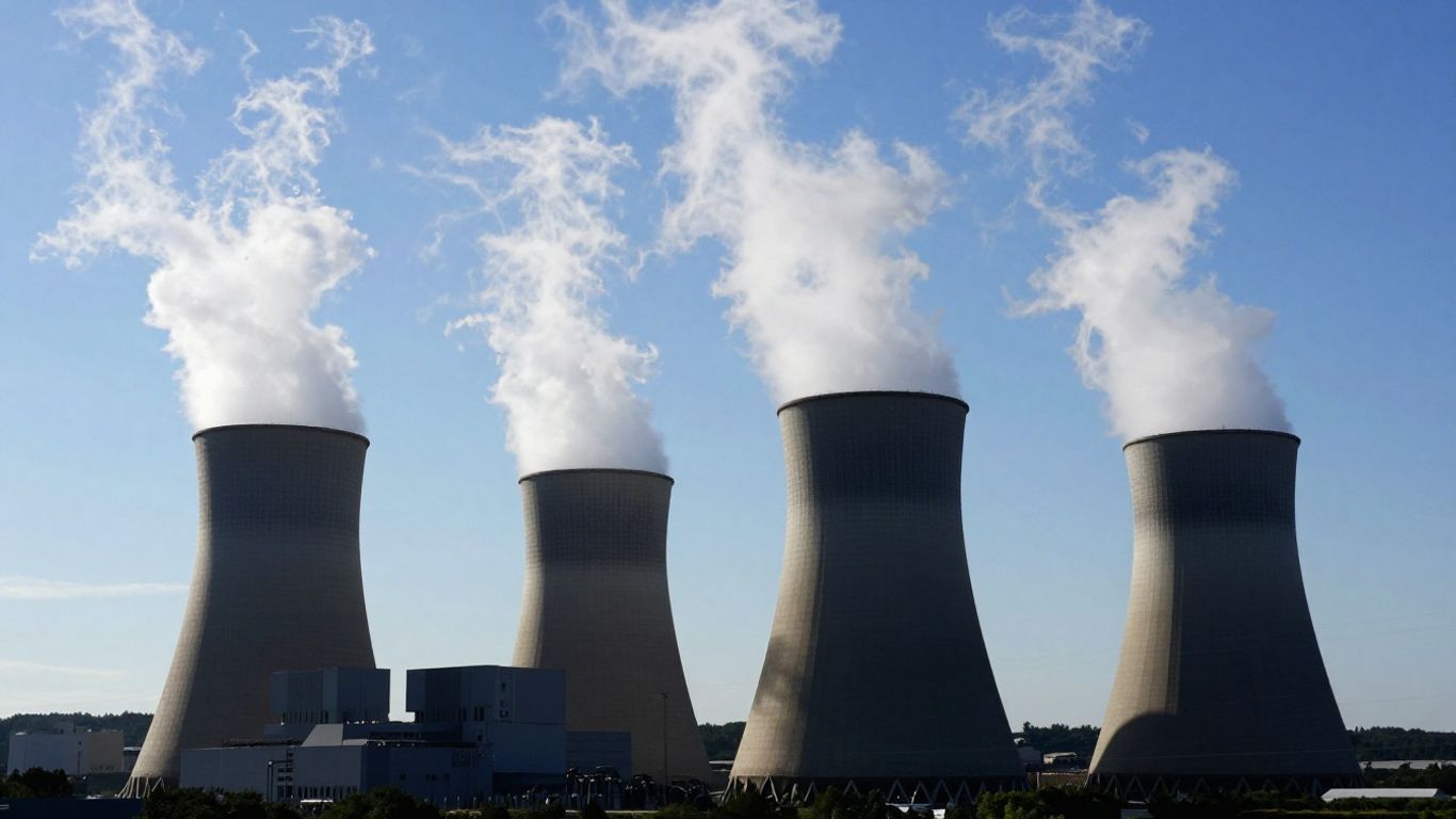 Nuclear power plant with cooling towers against blue sky.