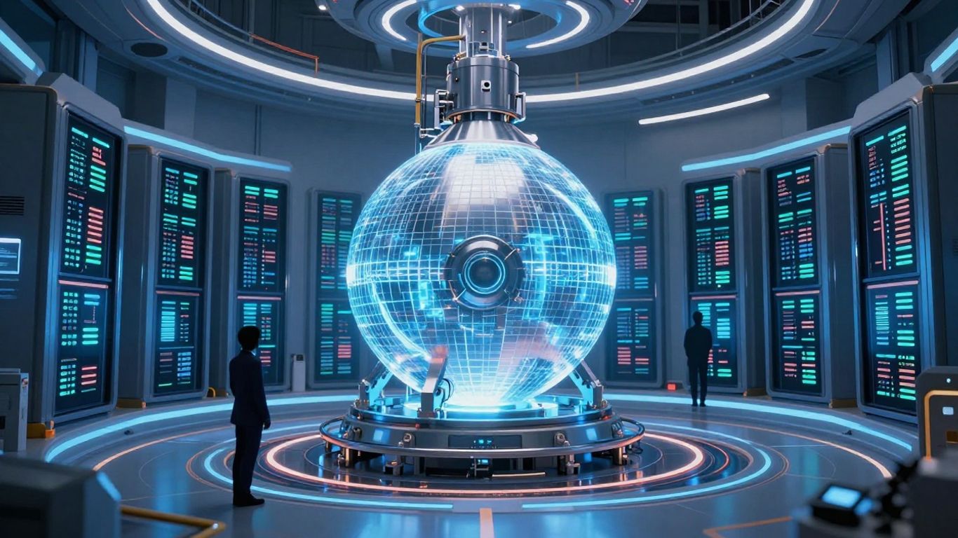 Nuclear power plant and AI servers symbolizing growth.