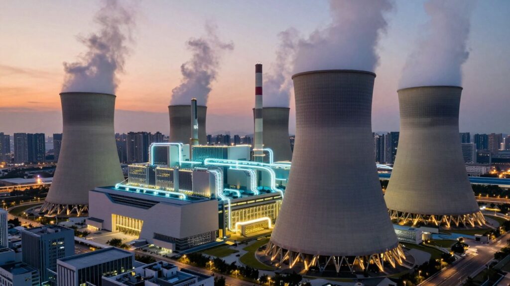 Nuclear power plant fueling futuristic city and AI.