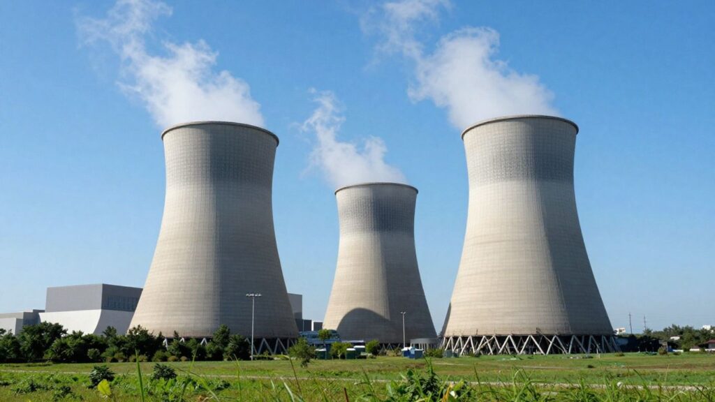 Nuclear power plant against a blue sky.