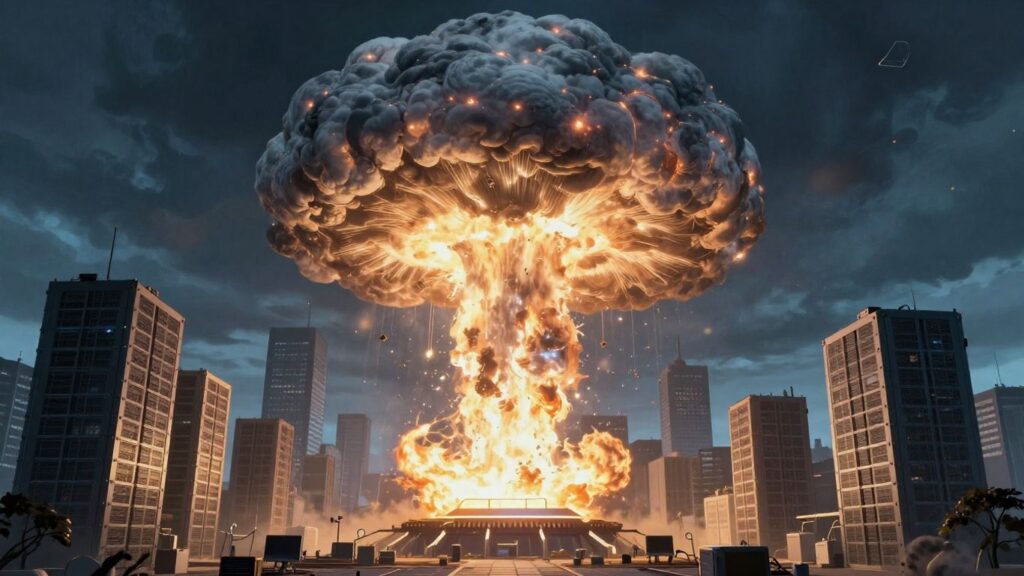 Mushroom cloud shaped like microchip over server farm.