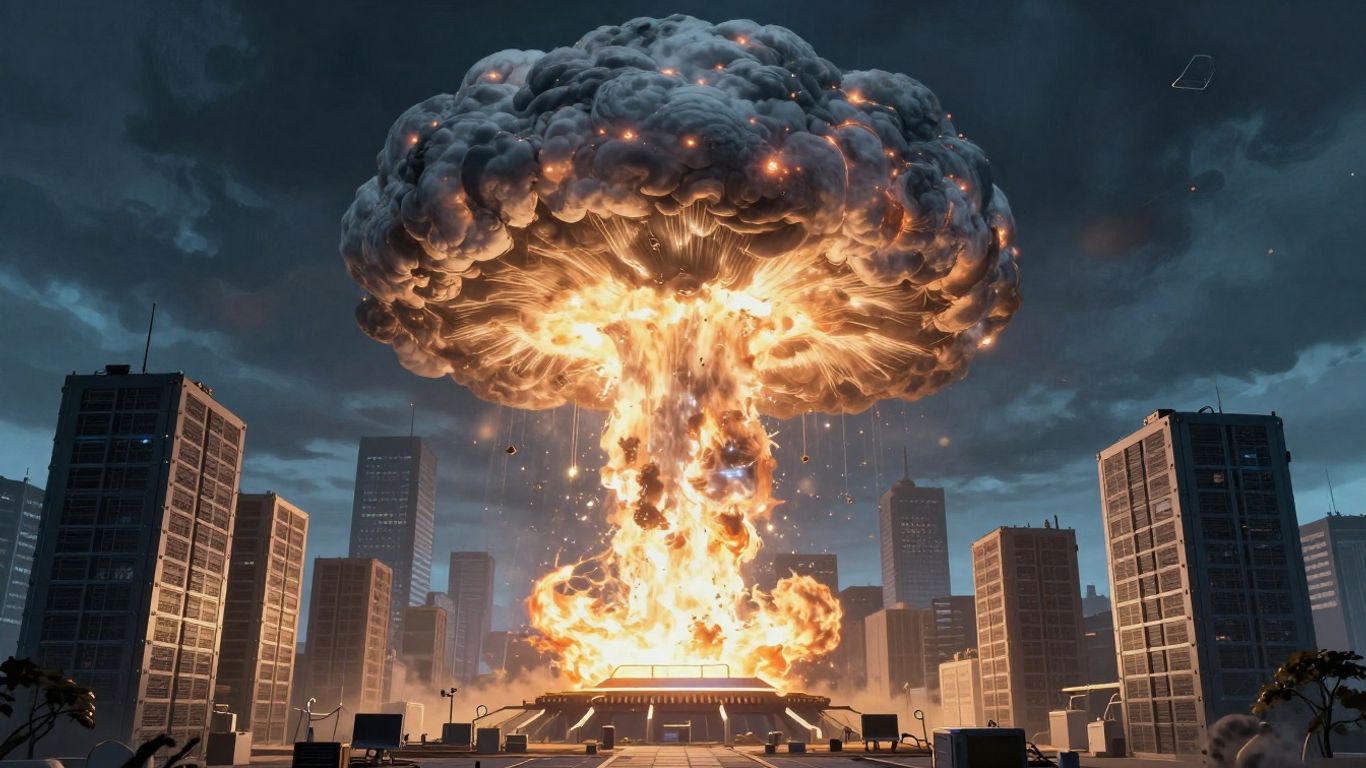 Mushroom cloud shaped like microchip over server farm.