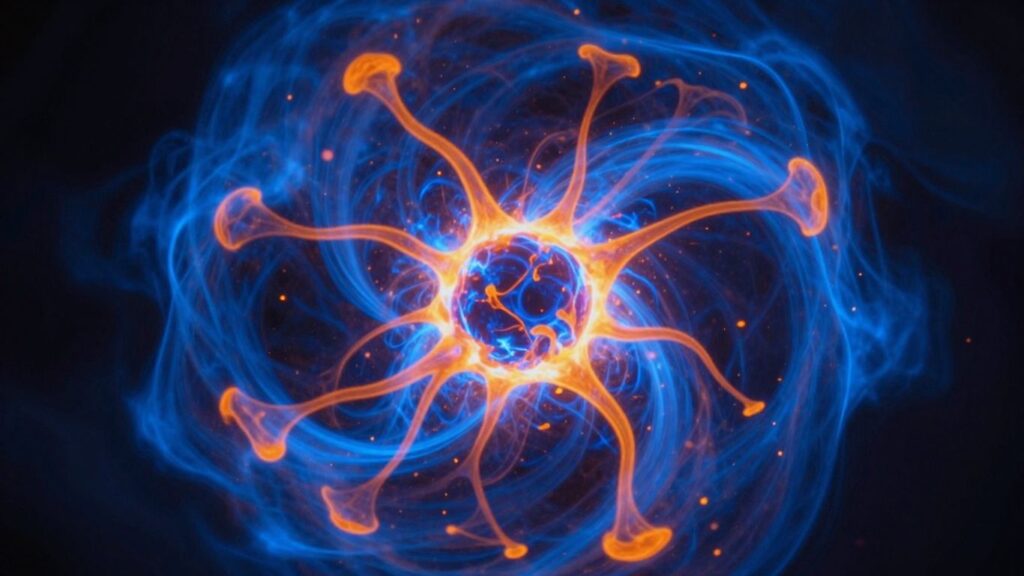 Swirling plasma energy from a fusion reaction.