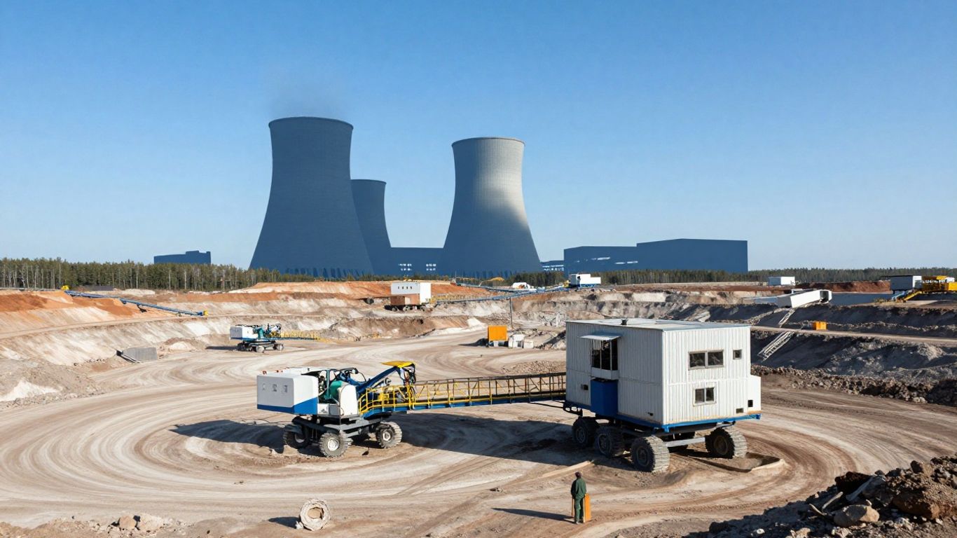 Saskatchewan uranium mine and nuclear power plant silhouette.