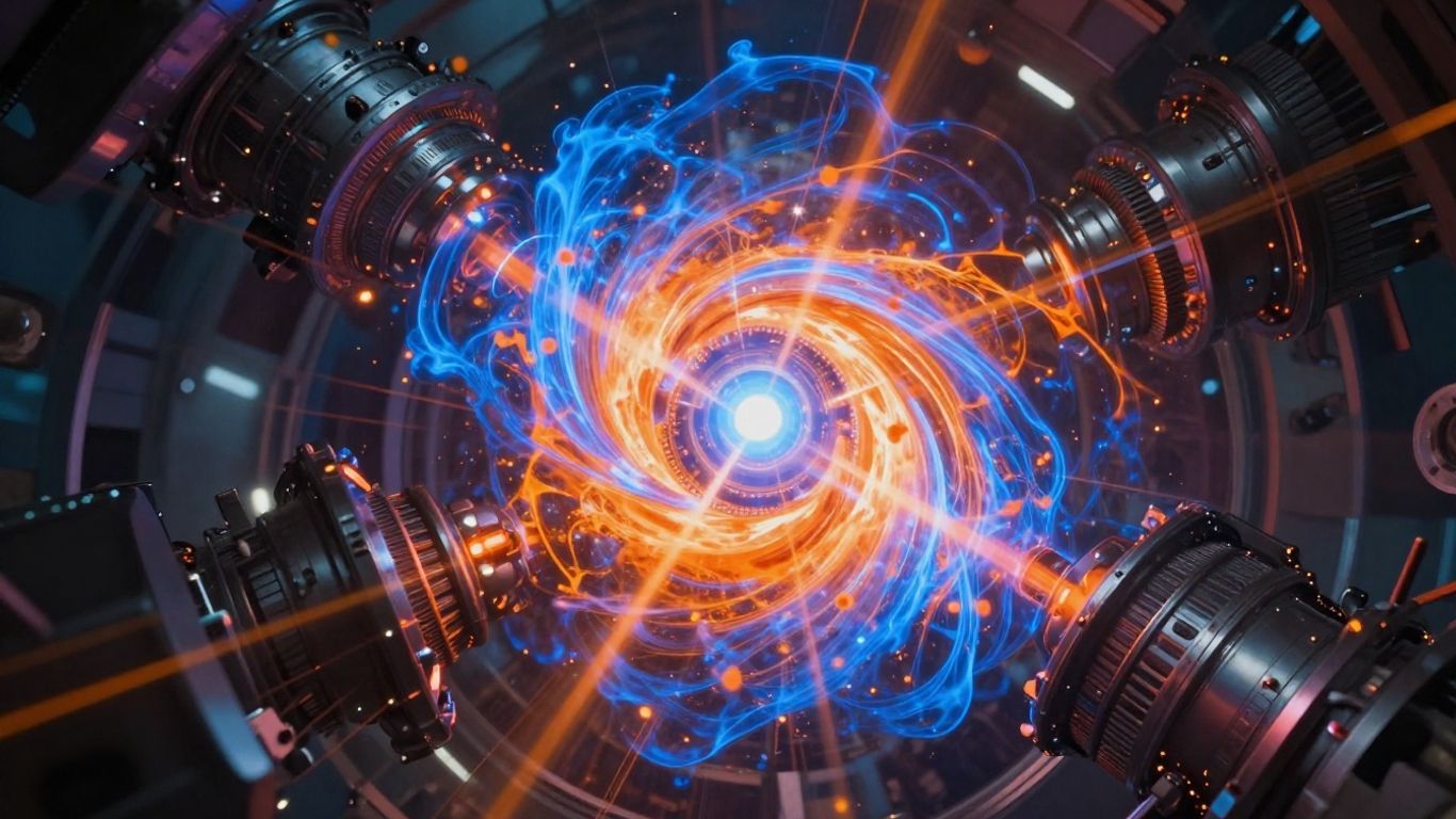 Swirling plasma energy in a futuristic fusion reactor.