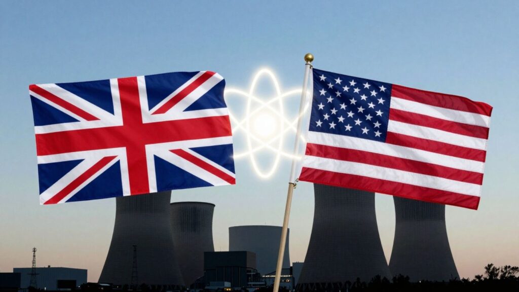 UK and US flags with atom symbol and power plants.