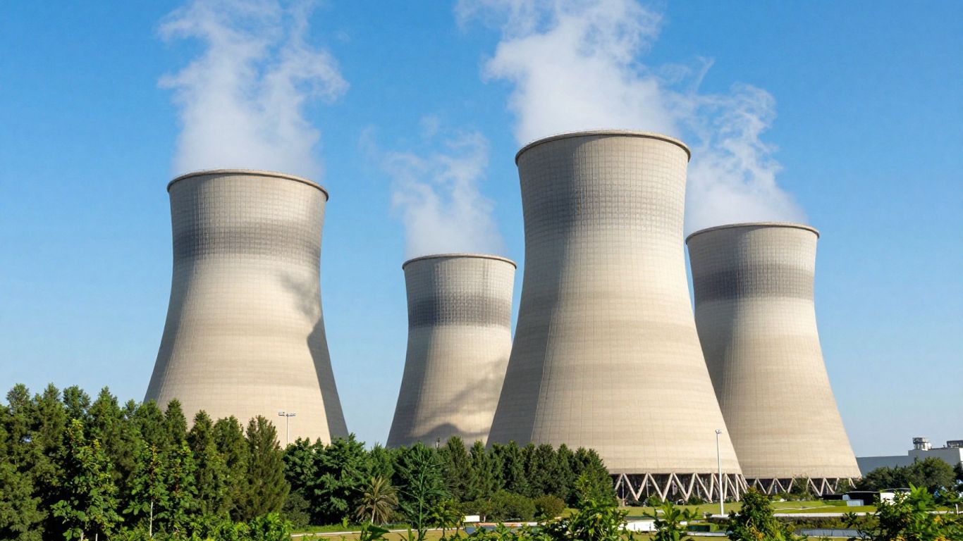 Nuclear power plant with steam rising against blue sky.