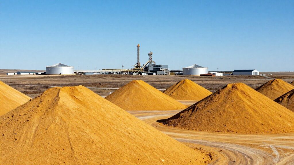 Saskatchewan uranium mine with ore piles and processing facility.