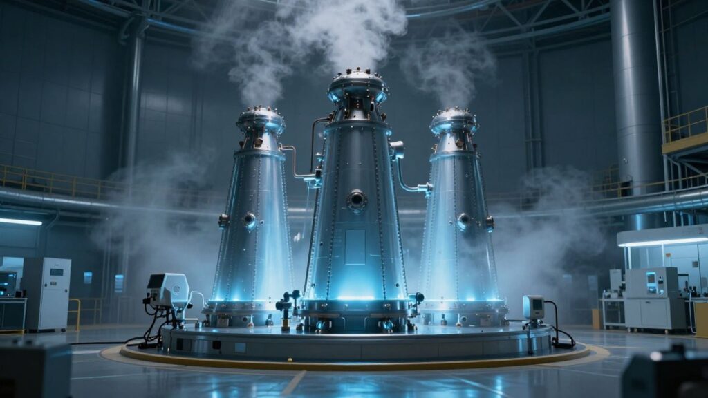 Futuristic small modular nuclear reactor glowing blue.