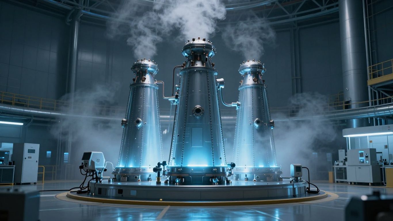 Futuristic small modular nuclear reactor glowing blue.