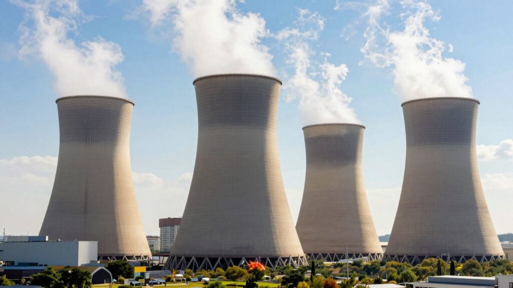 Nuclear power plant with glowing core and cityscape.