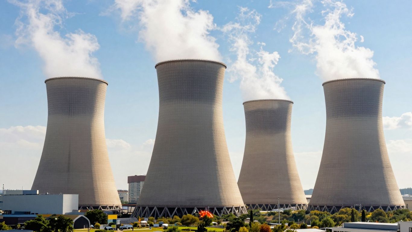 Nuclear power plant with glowing core and cityscape.