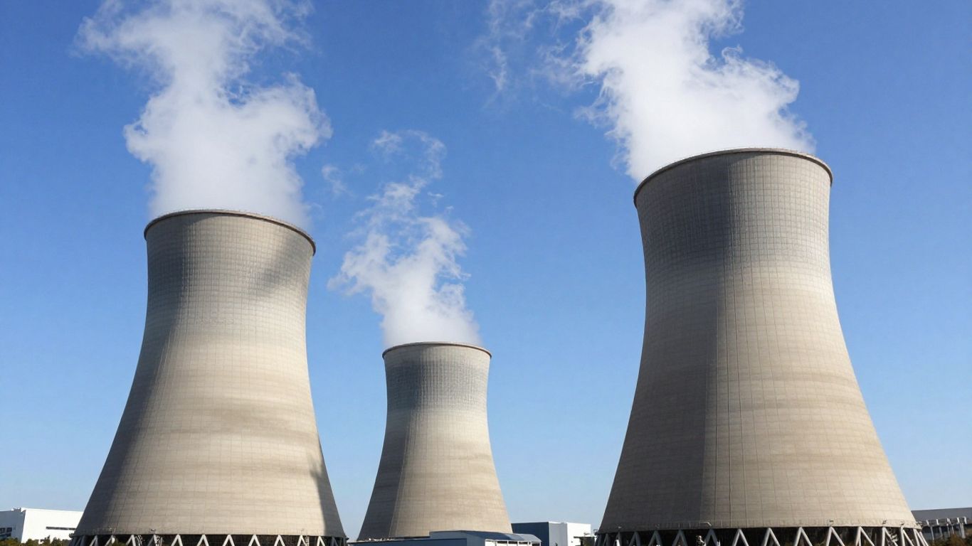 Modern nuclear power plant with steam from cooling towers.