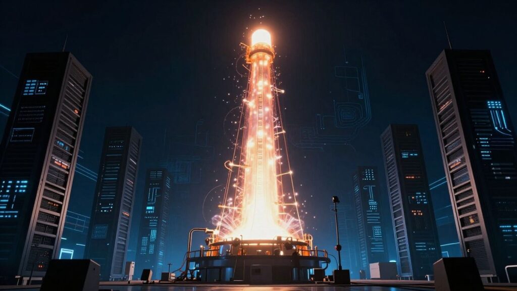 Nuclear reactor powering AI servers and digital circuits.