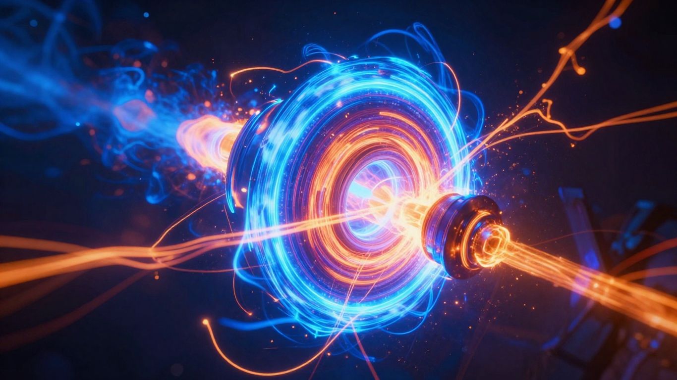 Glowing fusion reactor core with plasma and magnetic fields.