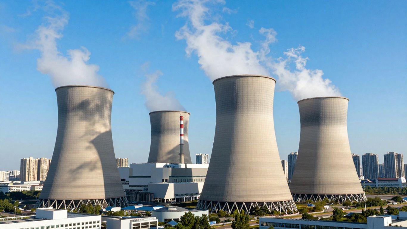 Modern nuclear power plant with city skyline.