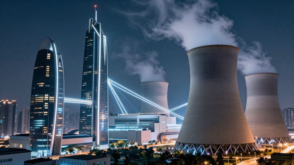 Nuclear power plant fueling futuristic cityscape for AI future.