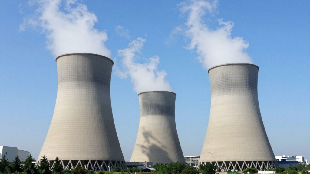 Nuclear power plant with steam from cooling towers.