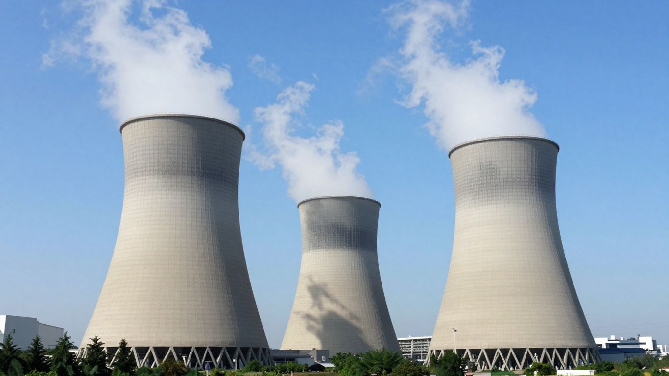 Nuclear power plant with steam from cooling towers.